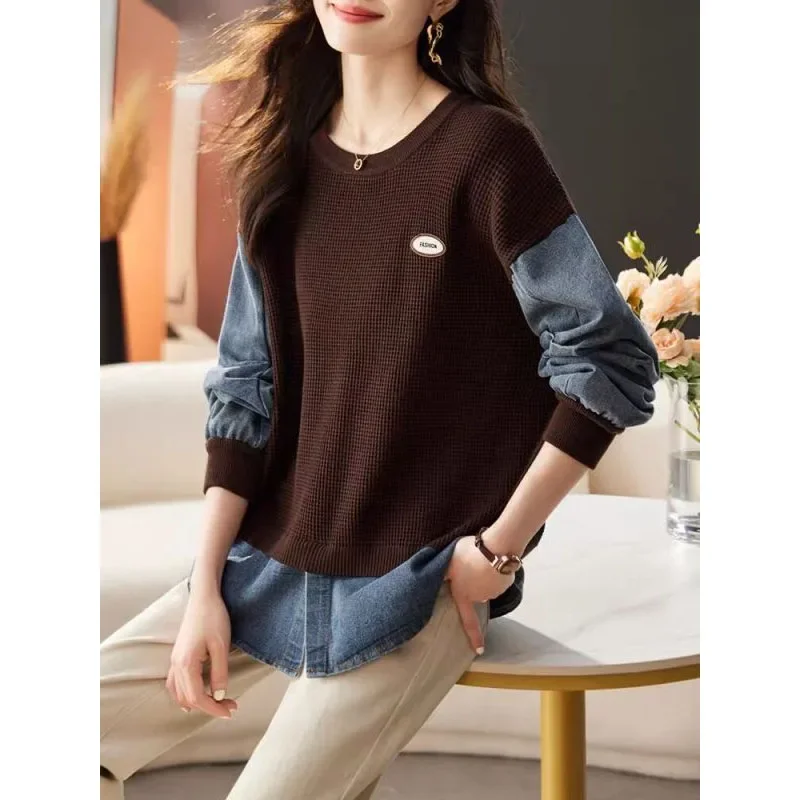 2024 New Women's Spring Autumn Crew Neck Cashmere Patchwork Knitted Fake Two Pieces Fashion Loose Long Sleeve Casual Tops