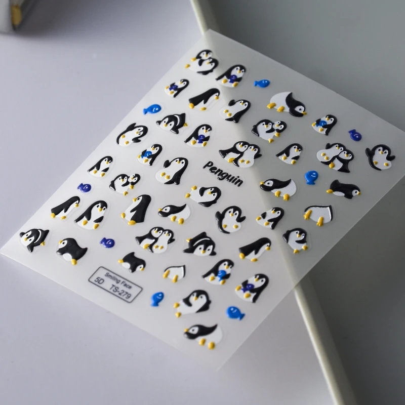 Penguin 5D Nail Stickers Faux Ongles Reutilisable Nail Tattoo Wrap Nail Decor