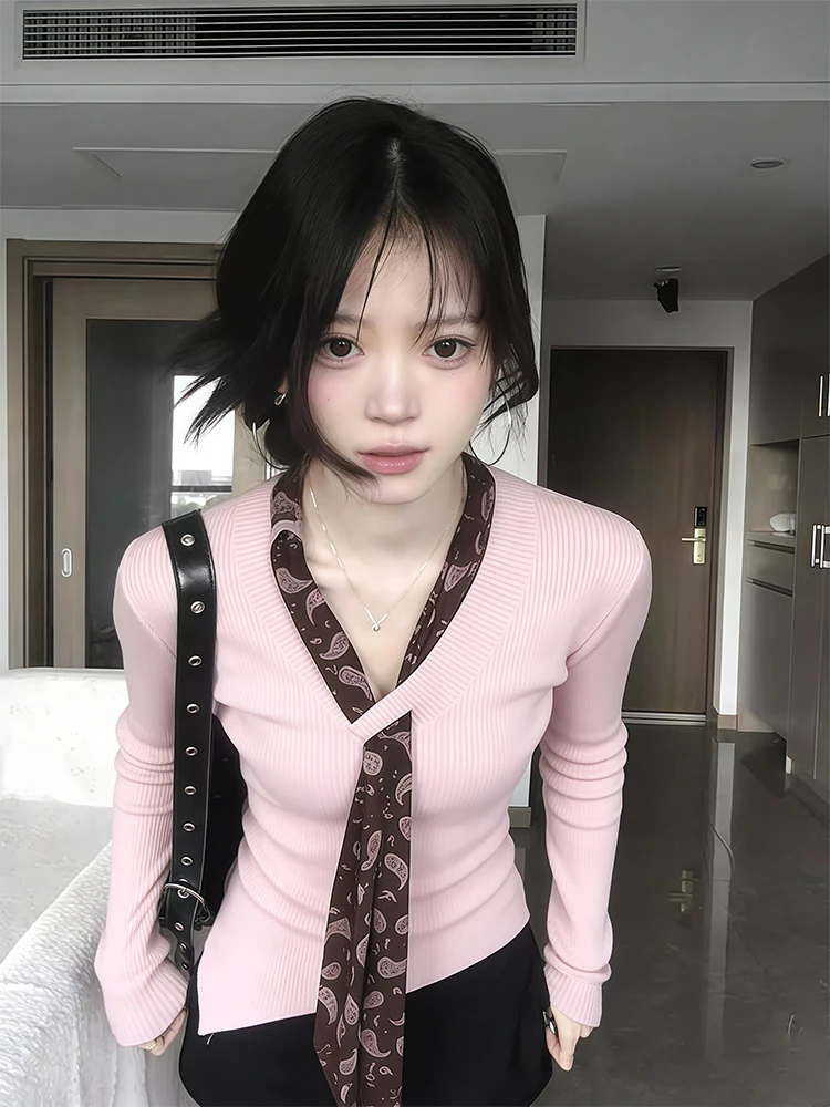 

Корейский асимметричный вязаный свитер с длинными рукавами для женщин, утягивающий, с милым шарфом, весенний топ