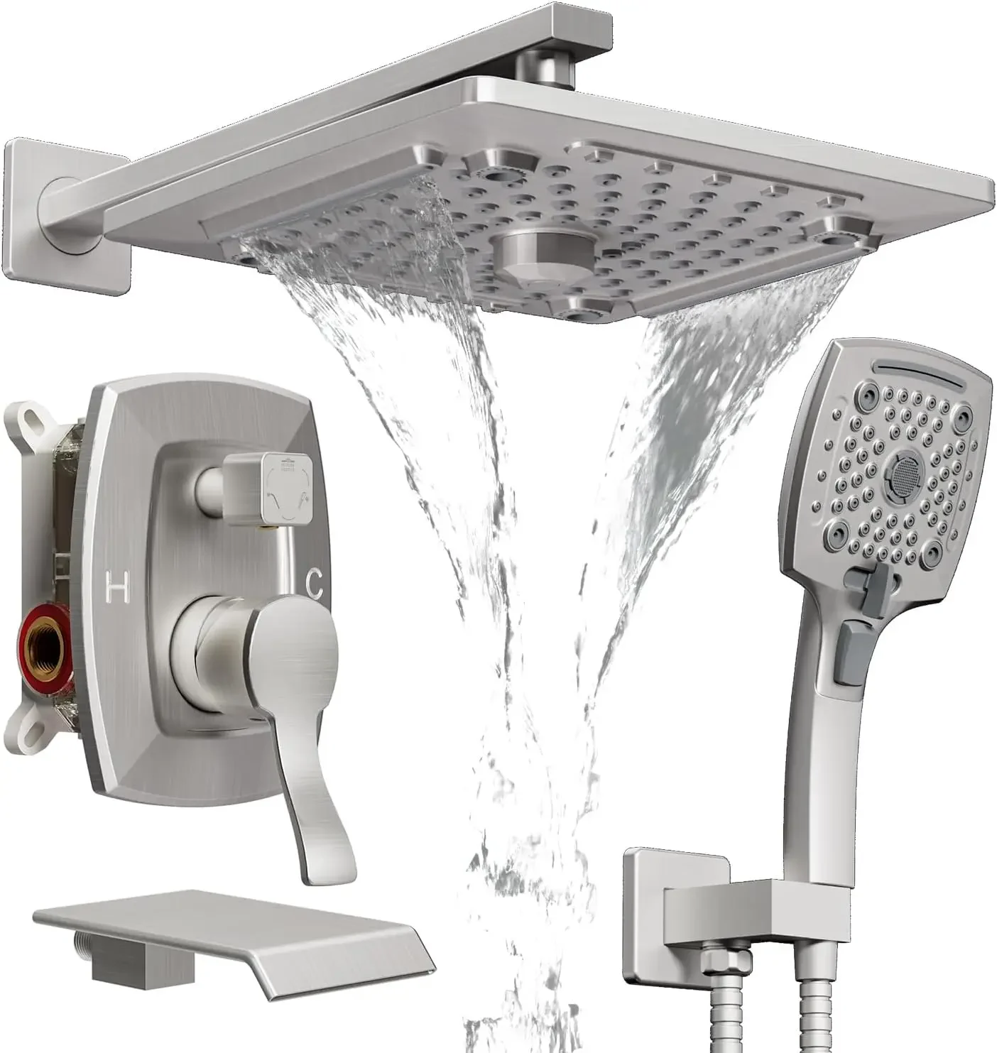 Shower Tub Shower Faucet Set Brushed Nickel Mixing Valve and Trim Kit, Rainfall Waterfall Shower Head with Handheld Combo