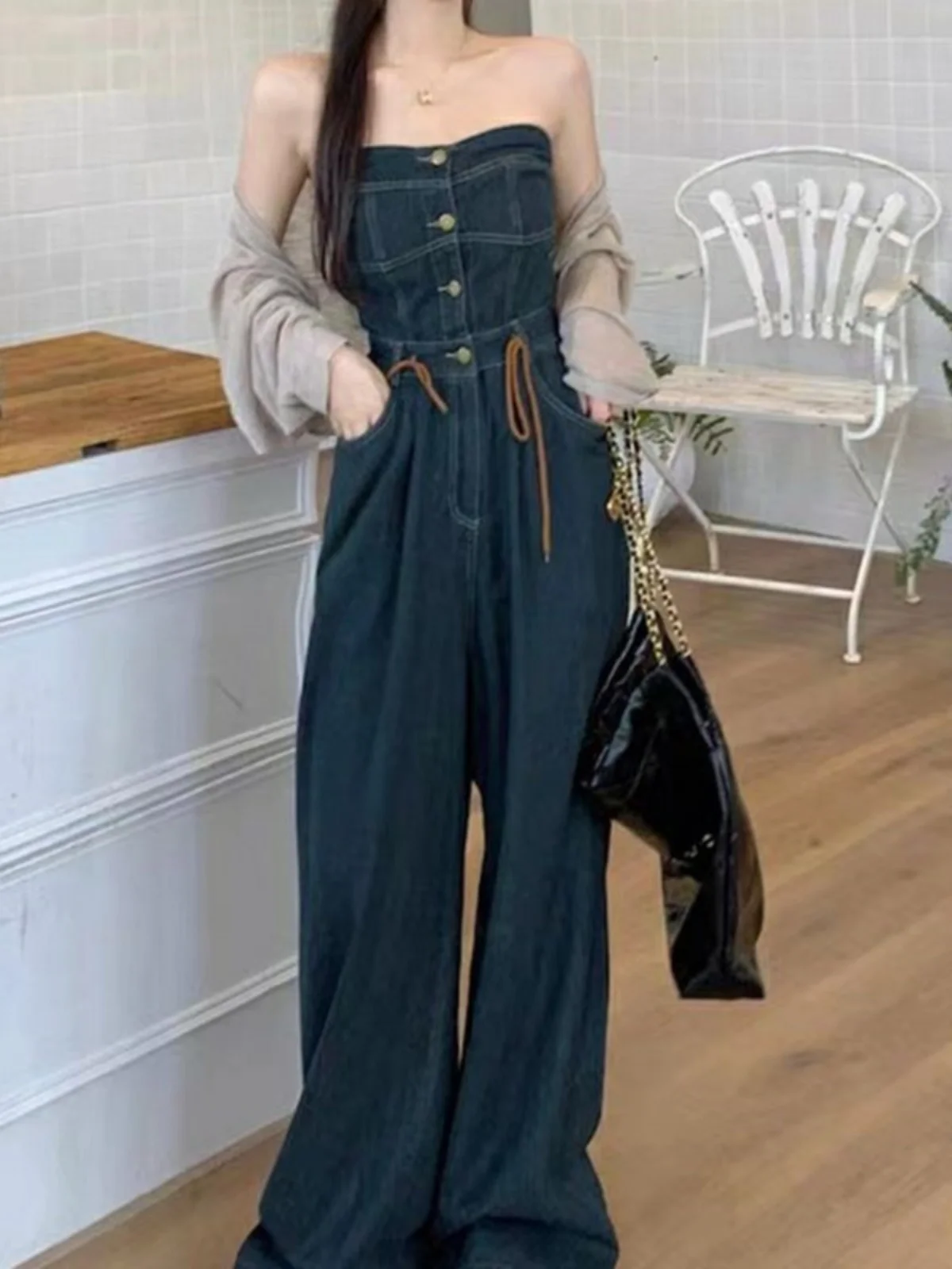 

Защита от солнца, джинсовый комбинезон, милый крутой уличный комплект, небольшой размер, комплект с высокой талией, окрашенный джинсовый комбинезон, весна-осень