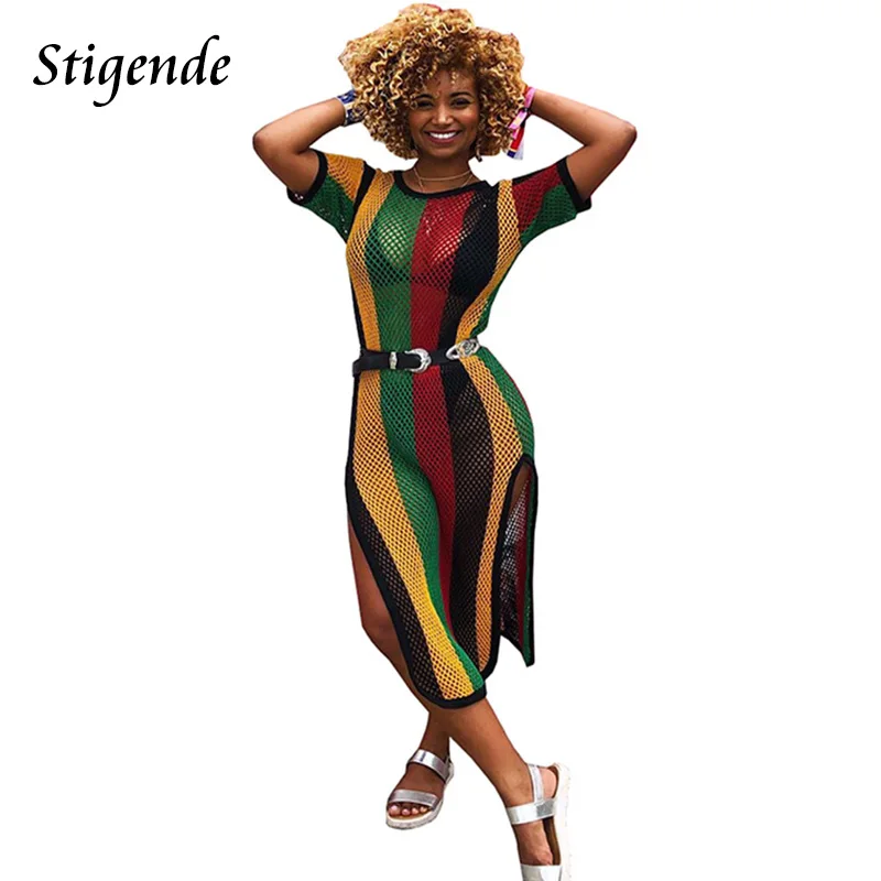 Sexy Summer Beach Cover Up Midi Dress Women Short Sleeve High Split Swimwear Dress See Through Hollow Out Striped Sundress