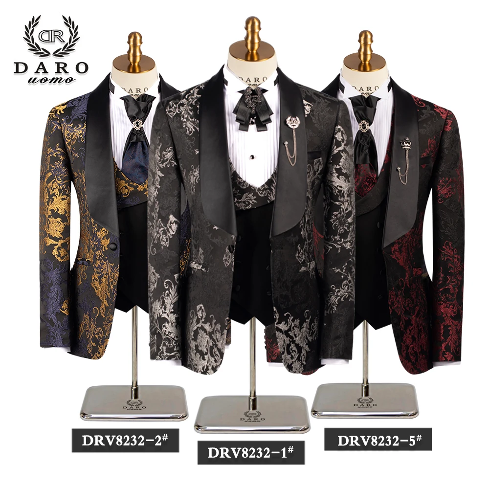 DARO2024 Floral Jacquard Wedding Suits for Men with Stand Collar Double Breasted Formal Groom Tuxedo Jacket Vest Pants 3 Piece