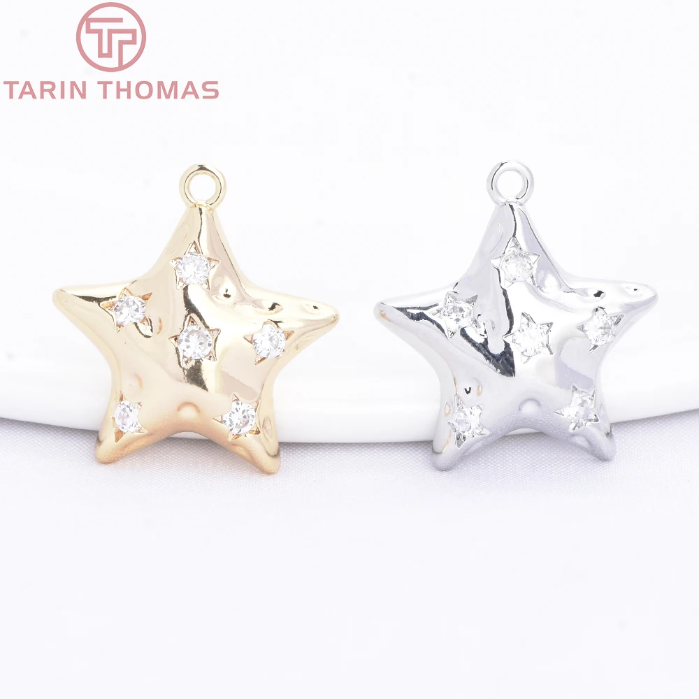 (10419) 4PCS 17x18MM 24K Gold Color Brass with Zircon Star Shaped Necklace Pendants High Quality DIY Jewelry Making Accessories