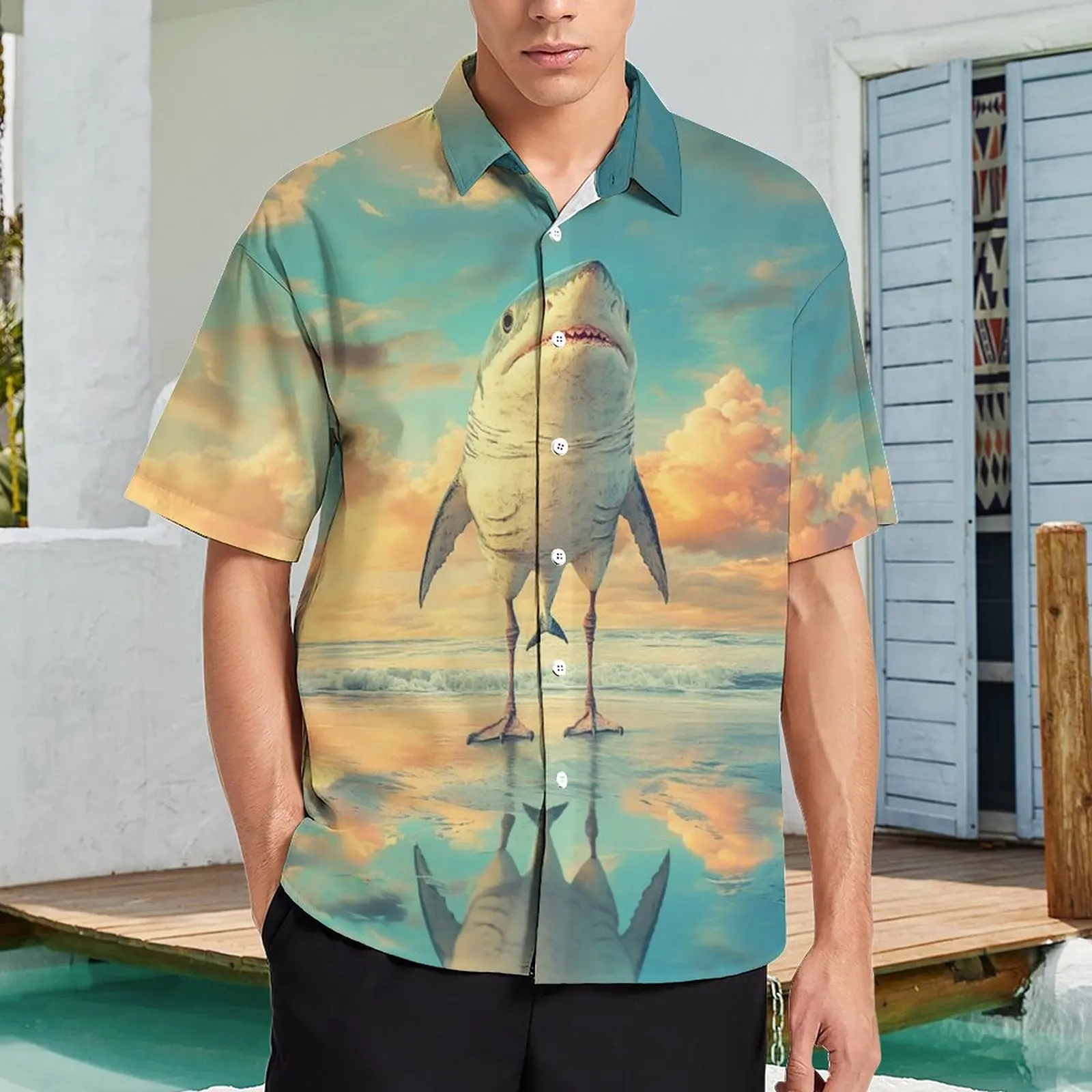 Summer Men's Hawaiian Short Sleeve Shirts Dolphin Shark Seagull Printed Loose Oversized Strange Animal Picture Casual Clothing