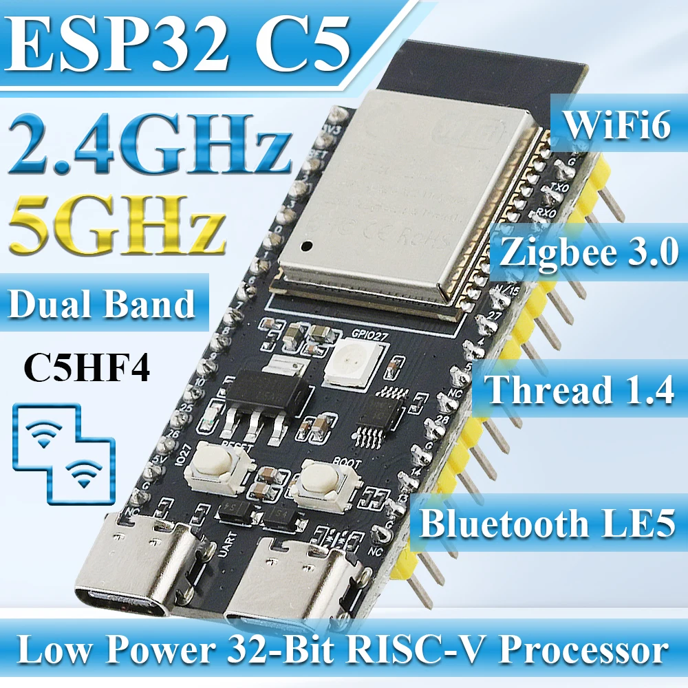 Плата разработки ESP32-C5-DevKitC-1, двухчастотный модуль Wi-Fi 2.4G/5ГГц с пином N4, 4 МБ Flash, Wi-Fi 6, CH340, 32-контактный ESP32 C5