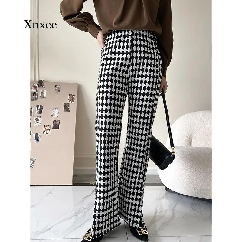 

Checkerboard Flared Trousers High Waist Plus Velvet Split Straight Pants Women's New Autumn Winter Casual Loose Bell Bottoms