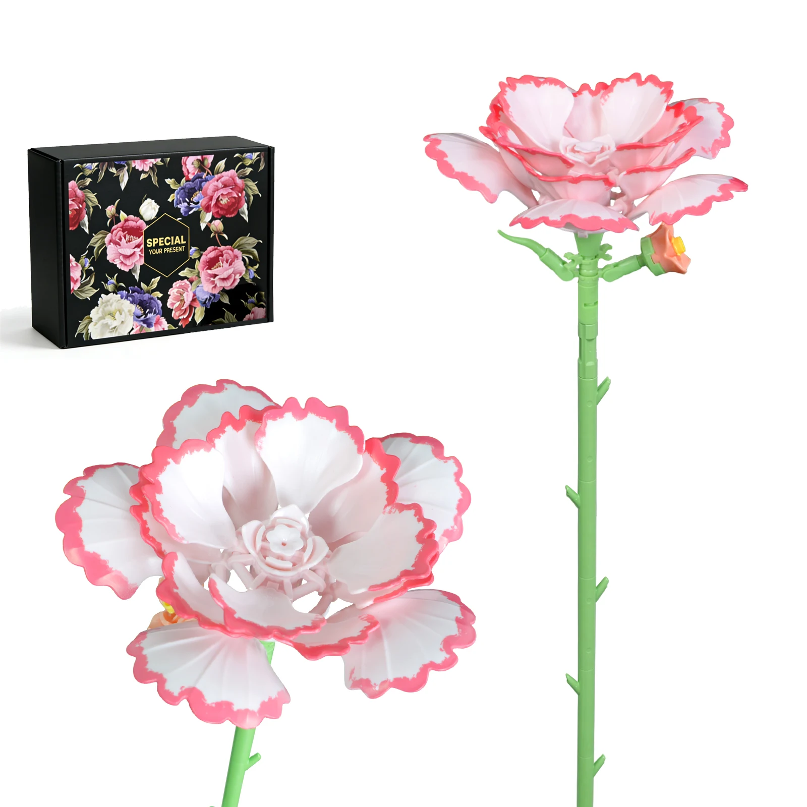 Carnation Blossoms Building Block Bouquet Flowers Featuring Gradient Petal Details Ideal for Tabletop Display Home Deco（49 Pcs）