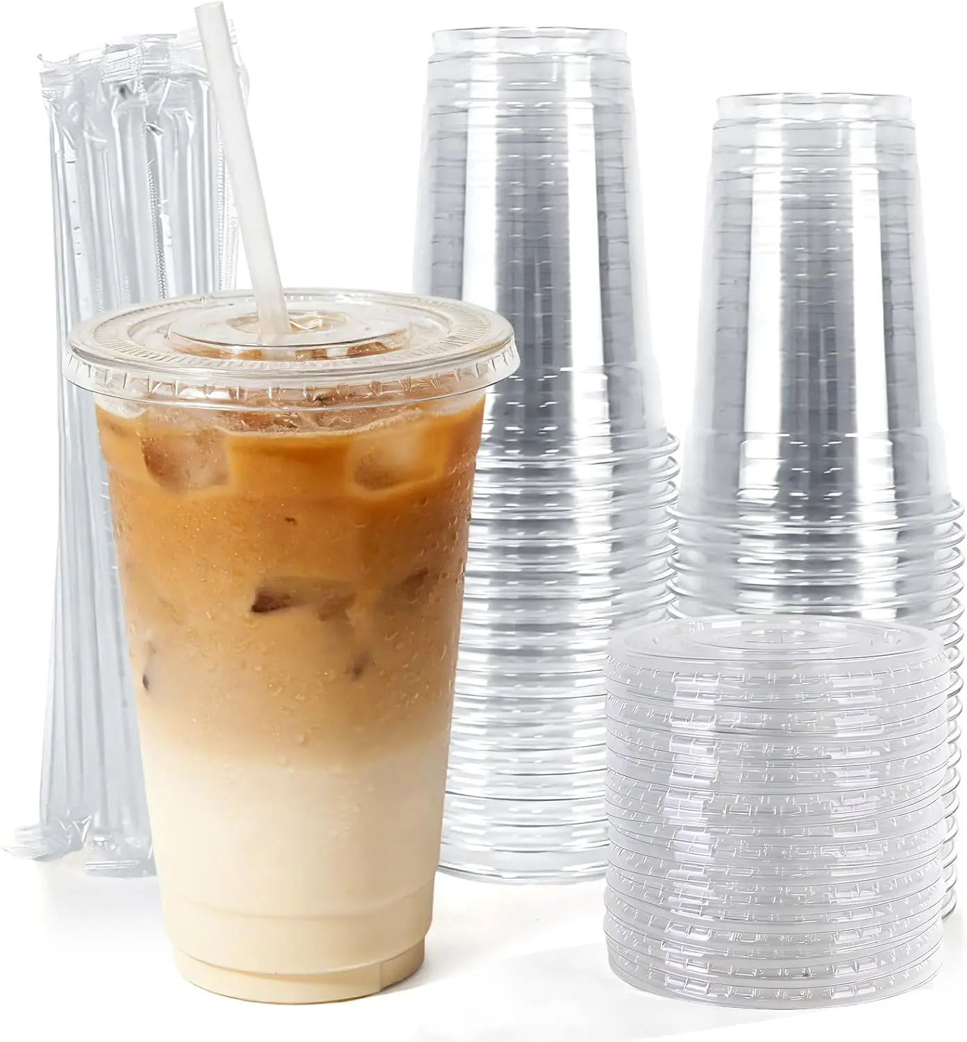 

16 oz Disposable Plastic Cups with Lids and Straws, Clear Iced Coffee Cups, Sturdy Food-Safe Drink Cups for Parties Events