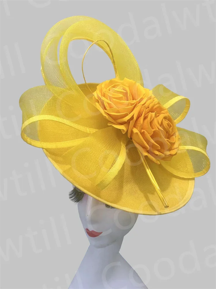 Yellow Party Fascinator Hat Women Elegant Church Headwear Bride Wedding Hair Accessories Kentucky Derby Pillbox Cap Flower