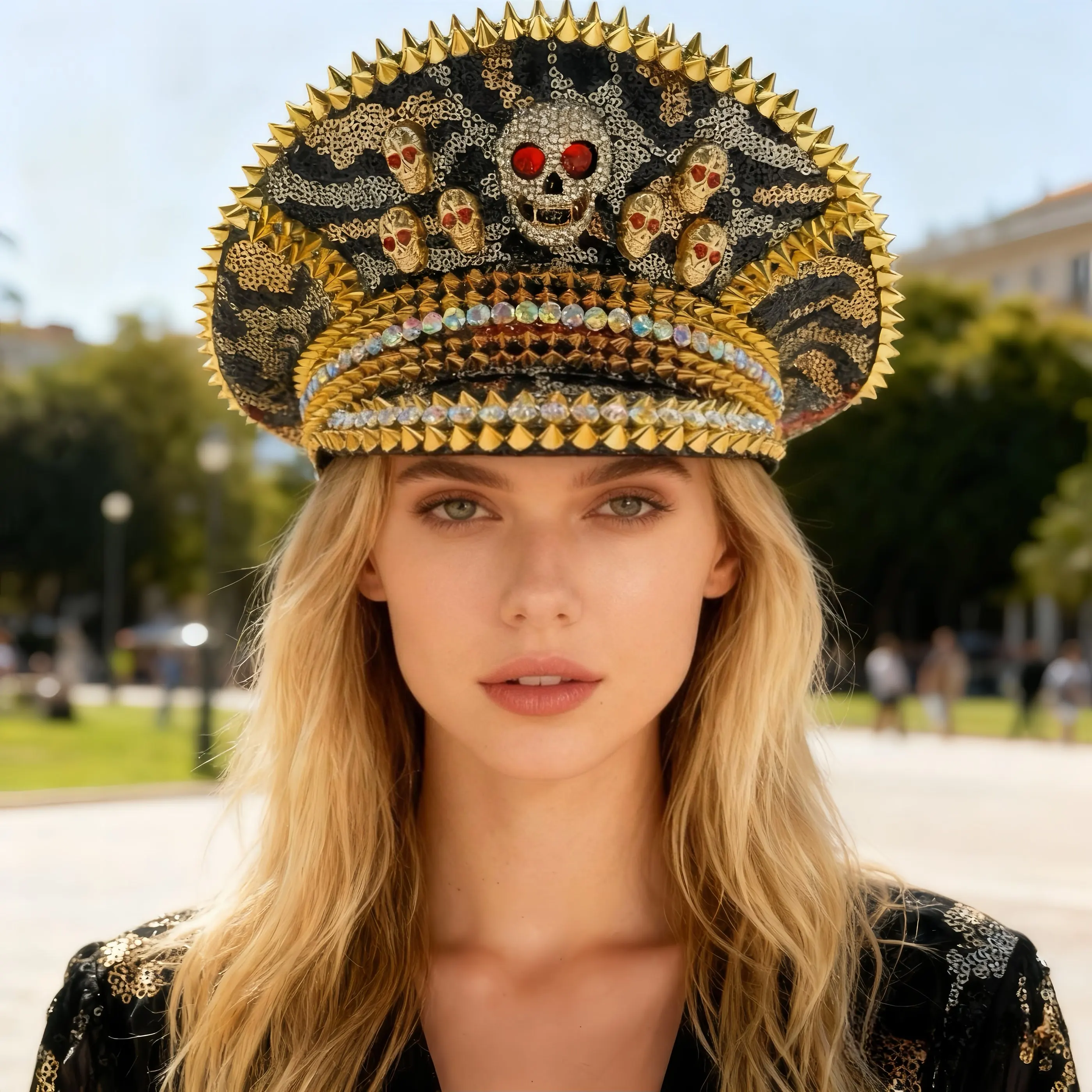 

Роскошная золотая капитанская фуражка HongLuan со стразами для Burningman Festival, винтажные военные аксессуары и военная кепка для мужчин и женщин