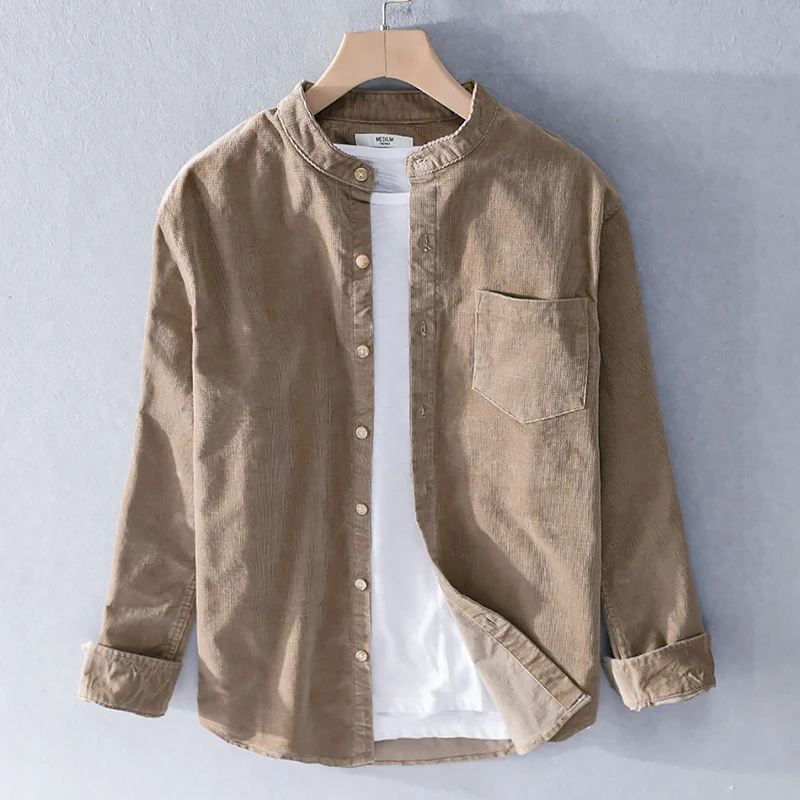 Japanese Style Pure Cotton Corduroy Long Sleeve Shirt Men's Autumn Retro Casual Top  Color Stand Collar Shirt Jacket Trendy