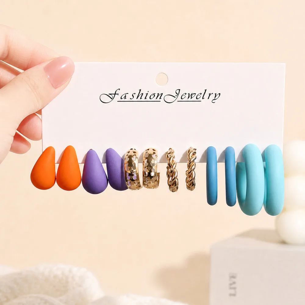 6/12Pairs Women Acrylic Hoop Stud Earrings Set Marble Teardrop Pearl Mixed Color Earrings Vintage Daily Party Fashion Gift