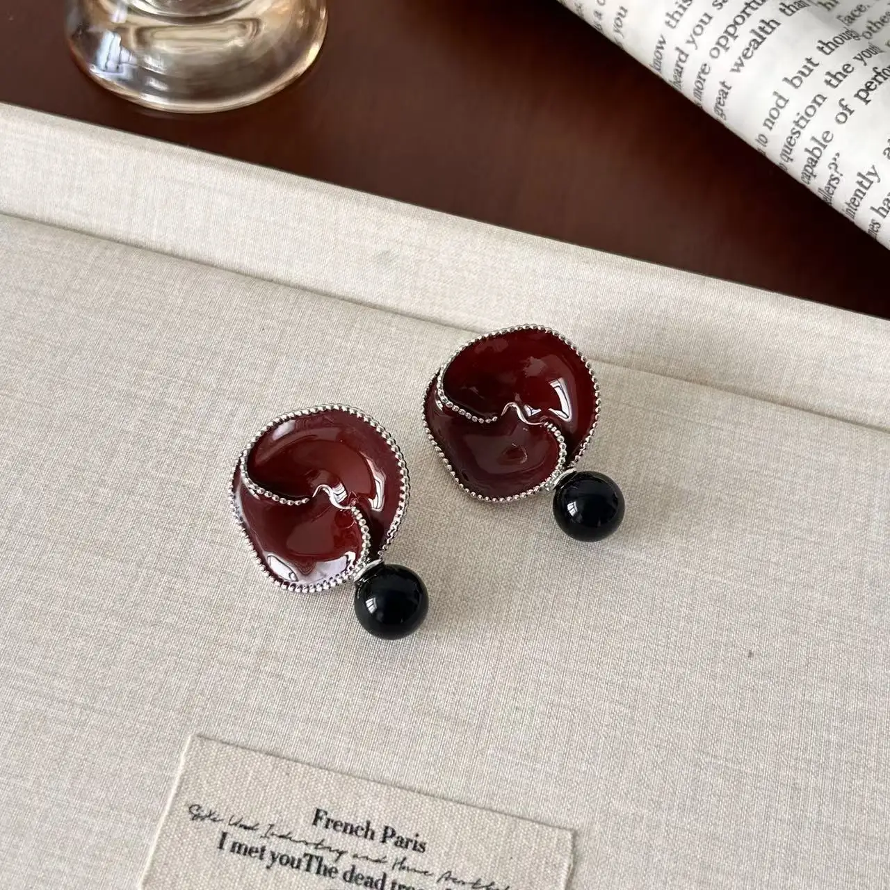 Vintage Red Spiral Earrings Silver Bead Edge With Black Ball Drop Trendy Jewelry Gifts For Women Daily Party Wear