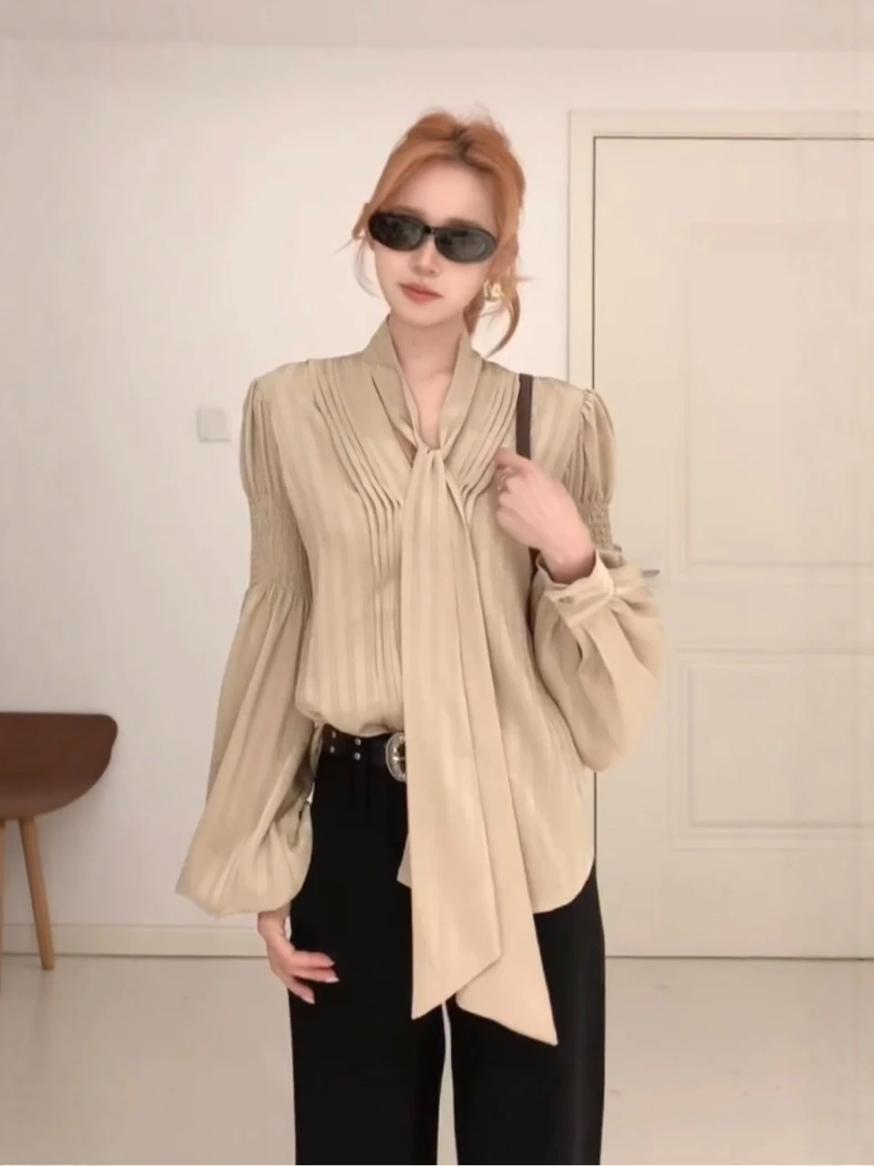 

Женская свободная рубашка Ele Gold Tone Tie с длинным рукавом, весна 2026, модная, универсальная, во французском стиле, из дышащего хлопка и полиэстера