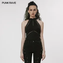 PUNK RAVE Women's Punk Daily Slim Sexy Vest Gothic Splicing Elastic Mesh and Hollow Out Webbing Black Tank Tops Summer