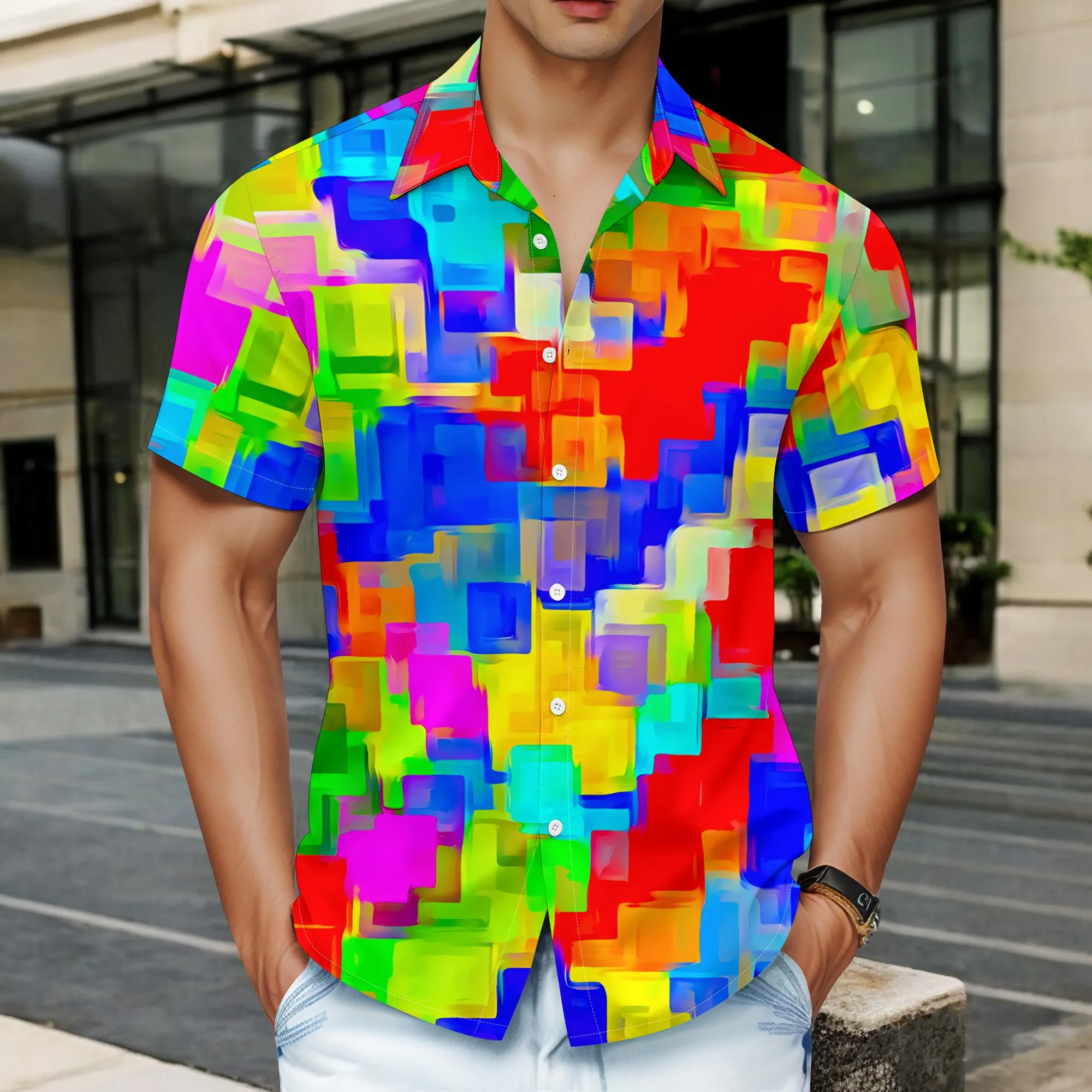 

YEAE Colorful Square Abstract Print Shirt for Men Summer Casual Short Sleeve Top