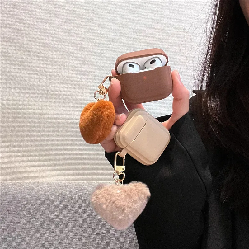귀여운 플러시 사랑 심장 키 체인 애플 에어팟 1/2/3/프로 케이스 쉘 솔리드 컬러 실리콘 이어폰 케이스 에어팟 프로 2 상자