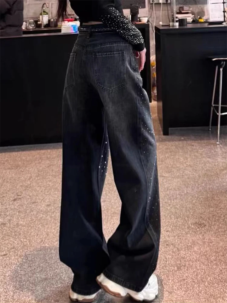 

plus Size Bla High Waist Rhinestone Wide Leg Denim Jeans Women's Autumn 2025 New Tianxing Design Slimming Floor-Length Pants