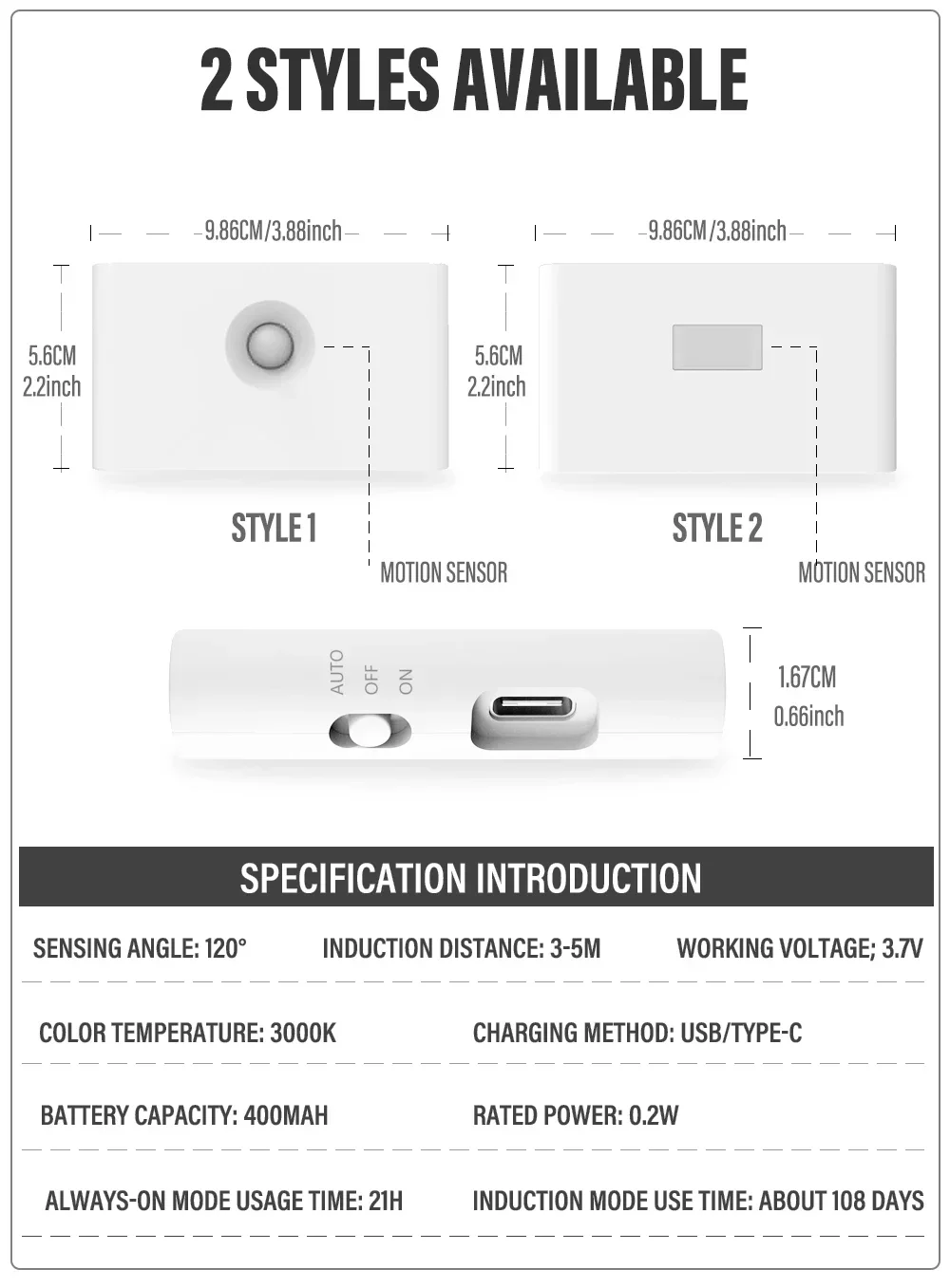 Intelligence Motion Activated Wall Light 2200mAh USB-C Fast Charge 3 Brightness Multi Device Link Indoor Outdoor Linkage
