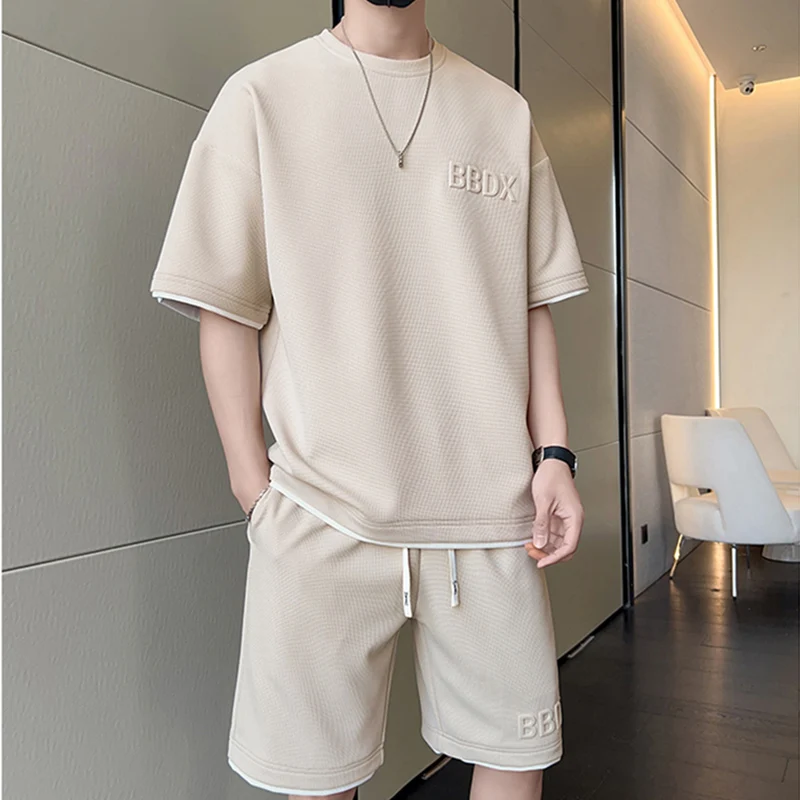 Summer Waffle Print 2 Piece Men Shorts Set Summer New Tracksuit Men Fashion Clothing Harajuku Style Fashion Loose Fit Sweatsuit