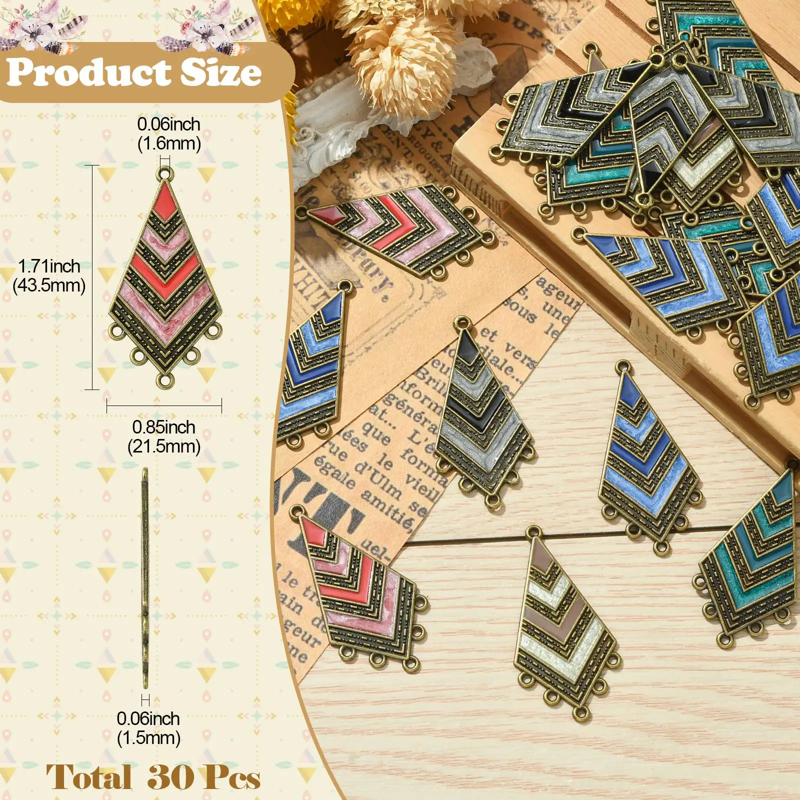 30Pcs 5 Colors Enamel Boho Chandelier Components Links Antique Bronze Tibetan Style Connector Charms for Earrings Jewelry Making