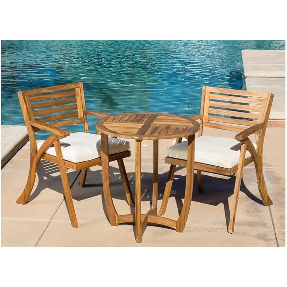 

3 Piece Outdoor Dining Set, Acacia Wood Patio Table and Chairs with Soft Water-Resistant Cushions, Garden Bistro Table Set with
