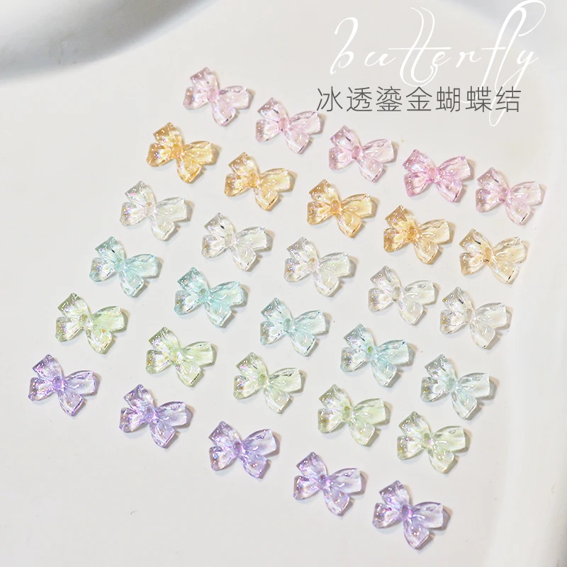 New 100PCS Glitter Bow AB Color Matter Gloss Resin 3D Kawaii Ribbon Korean Trendy Design Nail Art Decoration Charms Bulk Supply