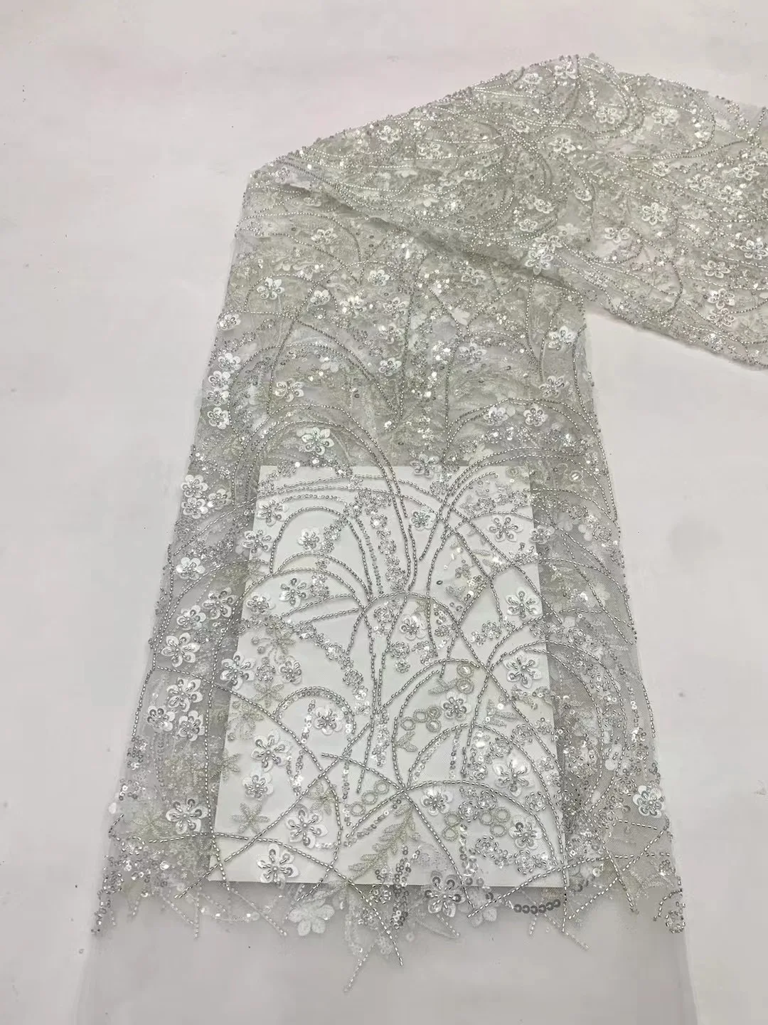 

Heavy Sequins Lace Fabric with Beads Sequence for Bridal Dress Luxury Evening Wedding French Beaded Lace NXB5633