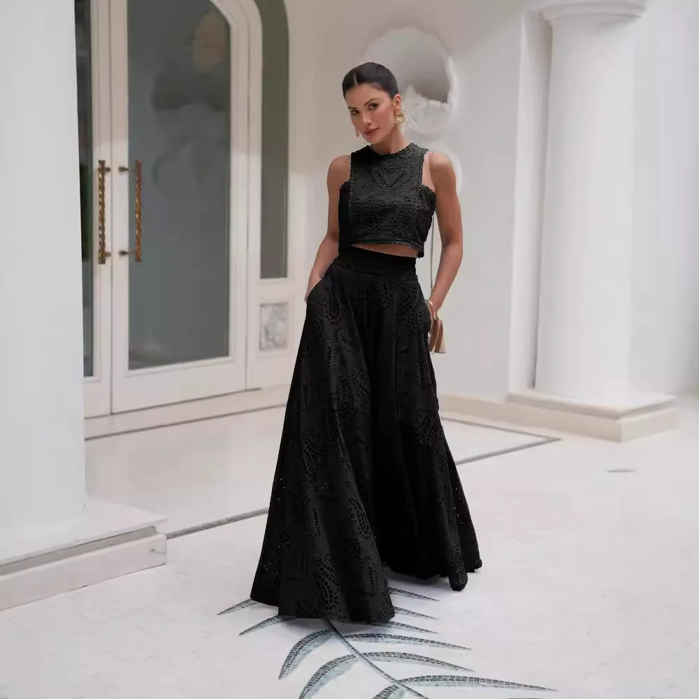 Hollow Out Sleeveless Top Half Skirt Set Embroidered Pocket Long Skirts Casual Holiday Temperament Waist Cinching Two-Piece Set
