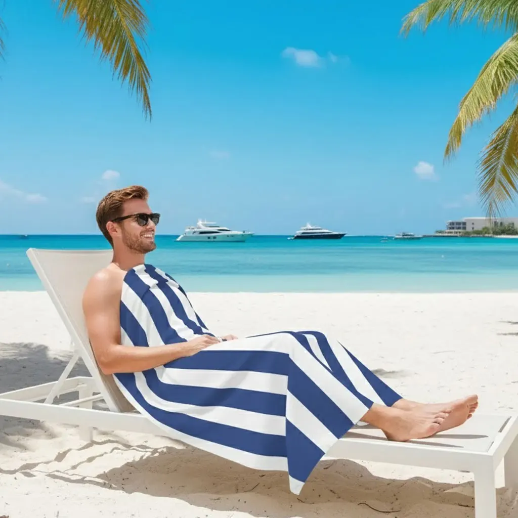 

Quick-Dry Highly Absorbent Beach Towel | Fast Drying Blue Striped Bath Towel | Lightweight Swim Wrap for Travel & Gym