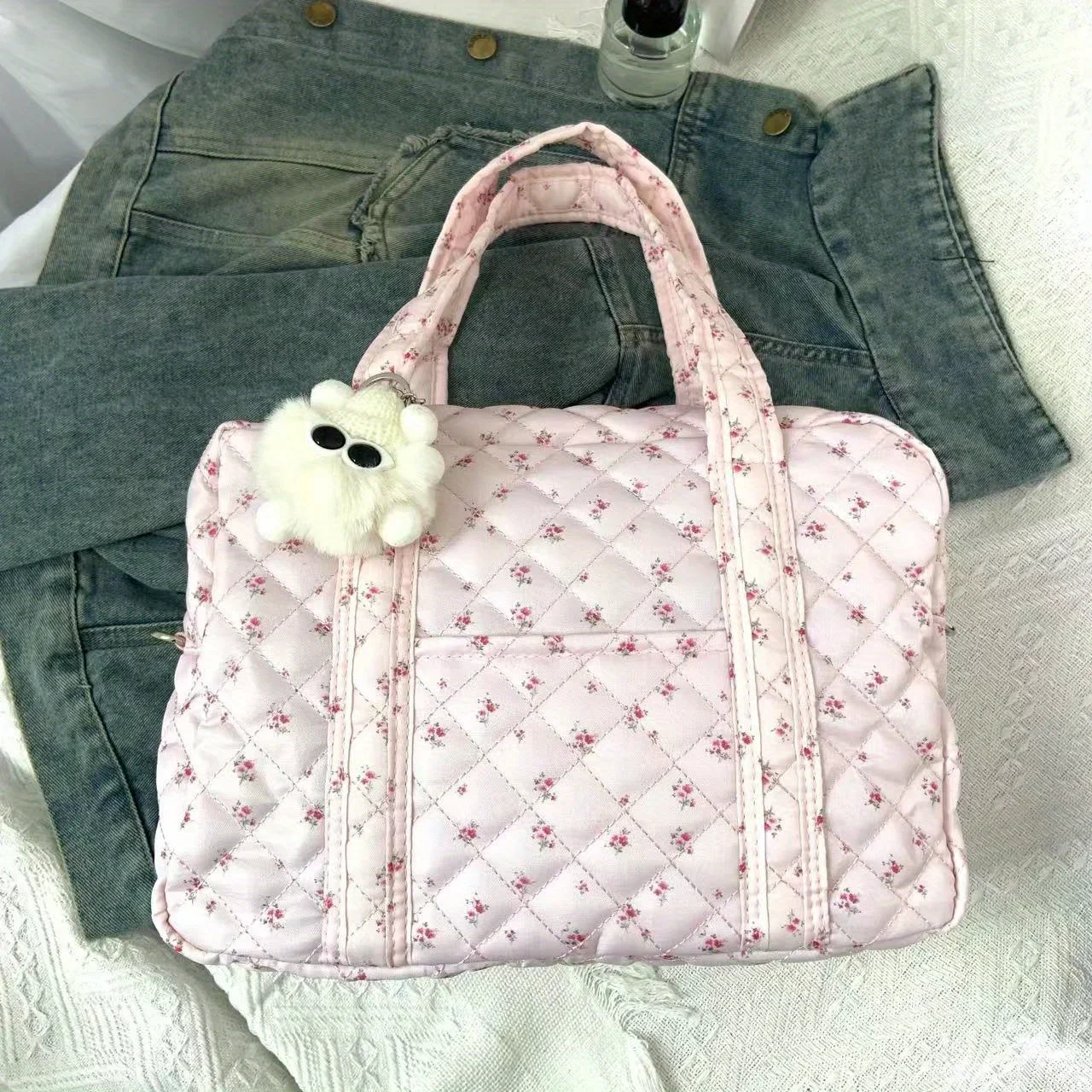 White briquettes accessories detachable bag women's flower travel duffel bag Coquette aesthetic quilted puffer fish bag girlcute