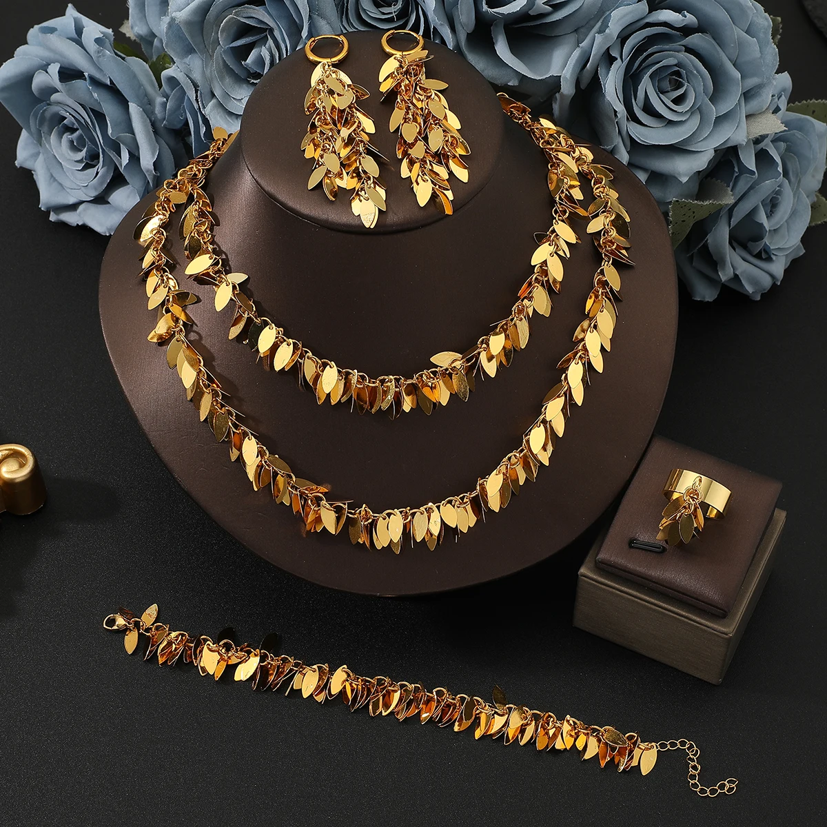 Golden leaf bridal jewelry set, stainless steel glossy double layer necklace earrings bracelet ring set,  for women  optimal gif