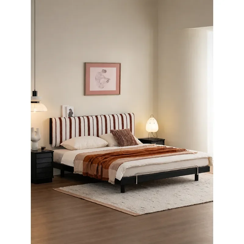 Medieval Style Solid Wood Leather Bed Retro Master Bedroom Upholstered Backrest Double Bed 1.8m Soft Padded Frame
