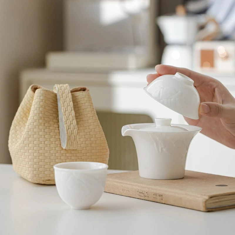 Travel Tea Set Fresh Quick One Pot Two Cups Mutton Fat Jade Banana Leaf Relief Dehua White Porcelain Tea Set