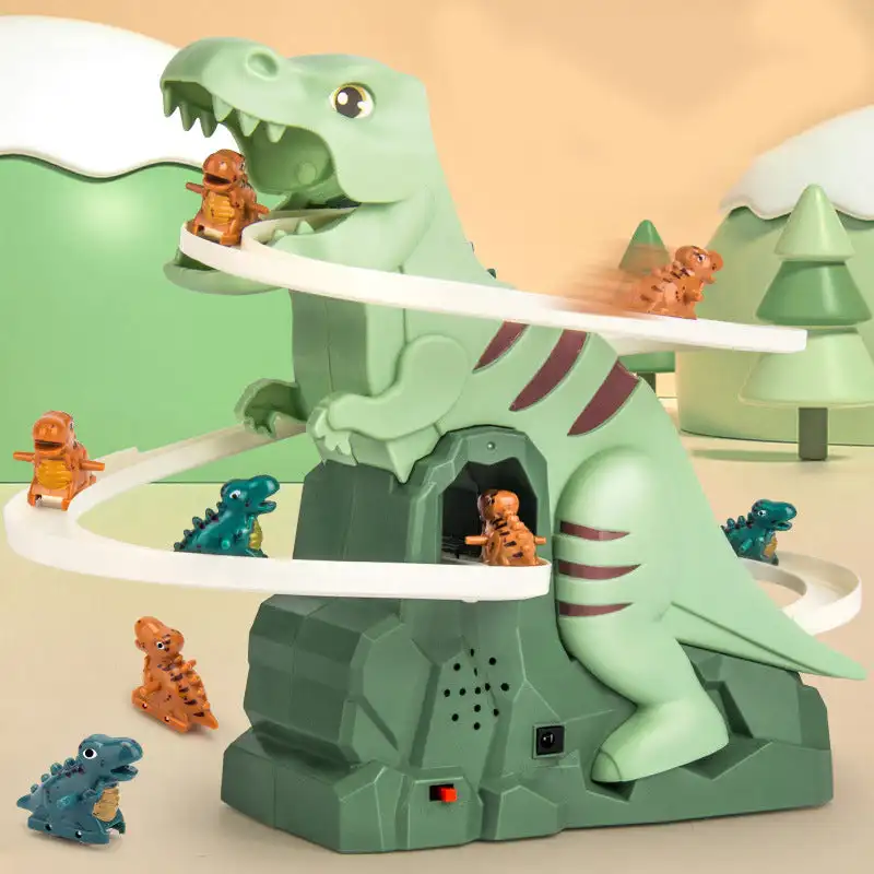 Electric Dinosaur Chase Race Track Playset Children\'s Cute Cartoon Duckling Climbing Stairs Toy Rail Car Electric Slide Roller