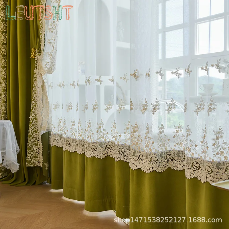

Customized Size 1pc Velvet Curtains for Living Dining Room Bedroom High-end Light Luxury Blackout Green Embroidered Thickened