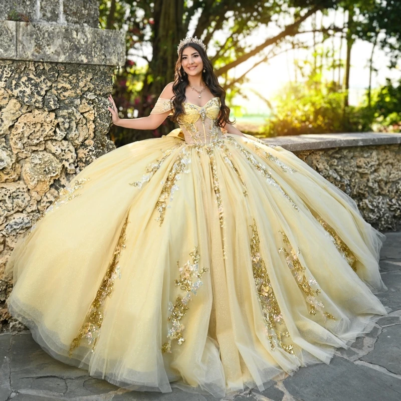 

Yellow Shiny Princess Sweet 16 Dress Dress Quinceanera Dresses Sequin Applique Lace Beading Corset Tull Party Birthday Vestidos