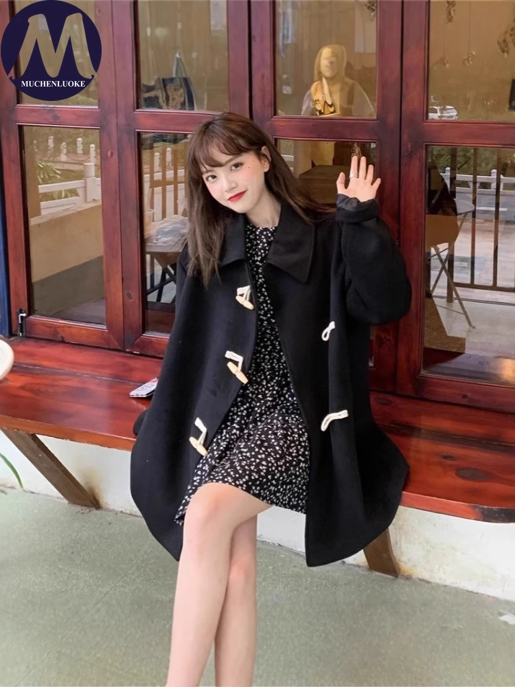 Women's Korean Fashion Trench Coat Autumn Winter Long Sleeve Horn Button Medium Length Woolen Loose Warm Casual Coat
