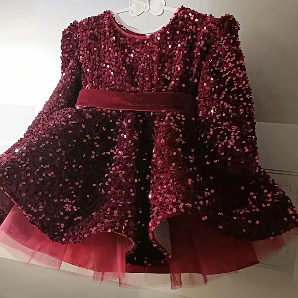 Autumn Winter New Arrival Long Sleeve Kids Red Sequin Fancy Prom Flower Girl Princess Gown Baby Birthday Party Dresses