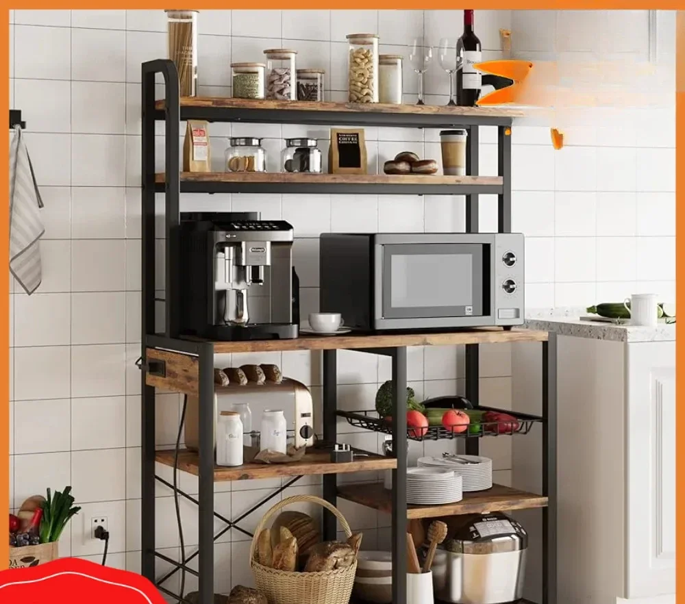 Shelves Rustic Brown Kitchen Accessories 6-Tier Kitchen Storage Rack With Hutch Things for the Home Gadgets