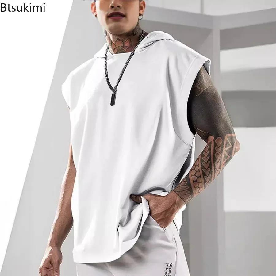 New Men\'s Loose Casual Hoodies T-shirt Fashion Sport Fitness Pullover Top Sleeveless Hooded Tank Tops Summer Sweatshirts for Men