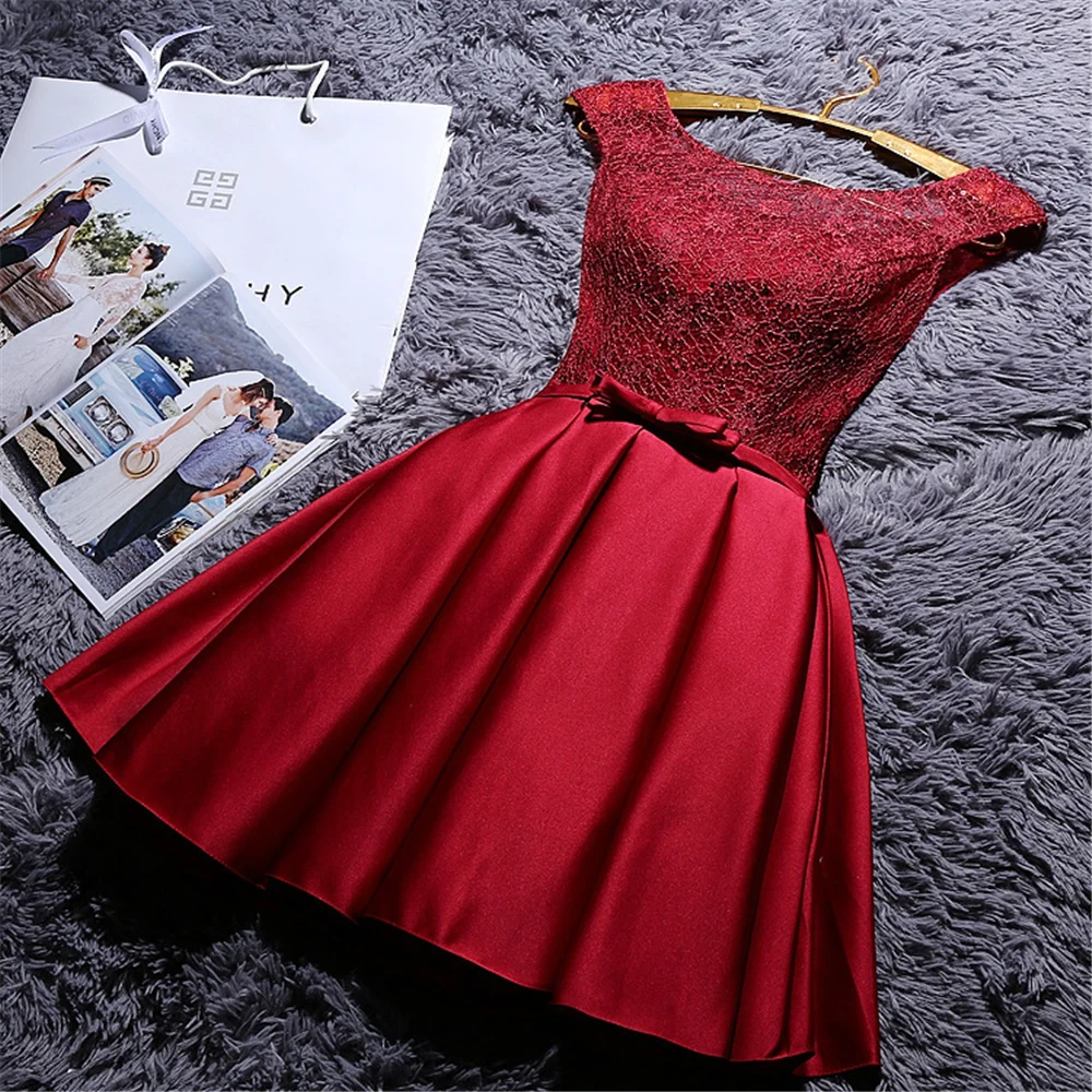 Schaufel billig Lager rot kurze Satin Bogen Heimkehr Kleider A-Linie Mini Abschluss Cocktail Promi formelle Abschluss ball Party Kleid