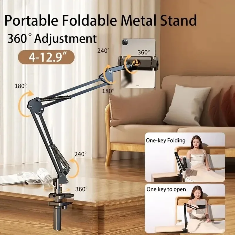 iPad Holder for Bed 360° Rotating Desktop Mount Phone Clip Stand with 70cm Metal Arm For 4~12.9 inch Phone Tablet Alloy Bracket