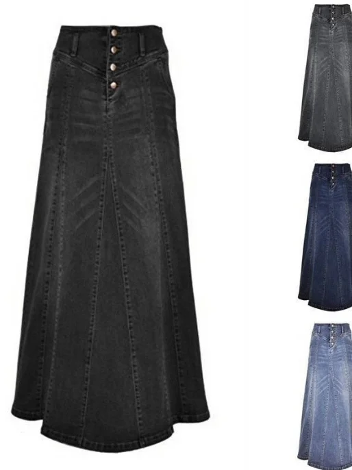 

High Waist Korean Sle Denim Skirt Women's Loose Fit Long Skirt with kets f Body Curvy Girls Cotton Polyester Blend