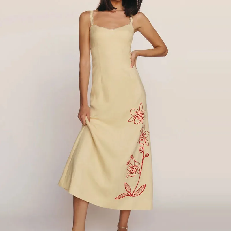 女性ファッションハイトウエストボヘミアンパーティードレスエレガントなフラワープリント休暇ビーチドレスセクシーなノースリーブ背中の開いたスリングロングドレス