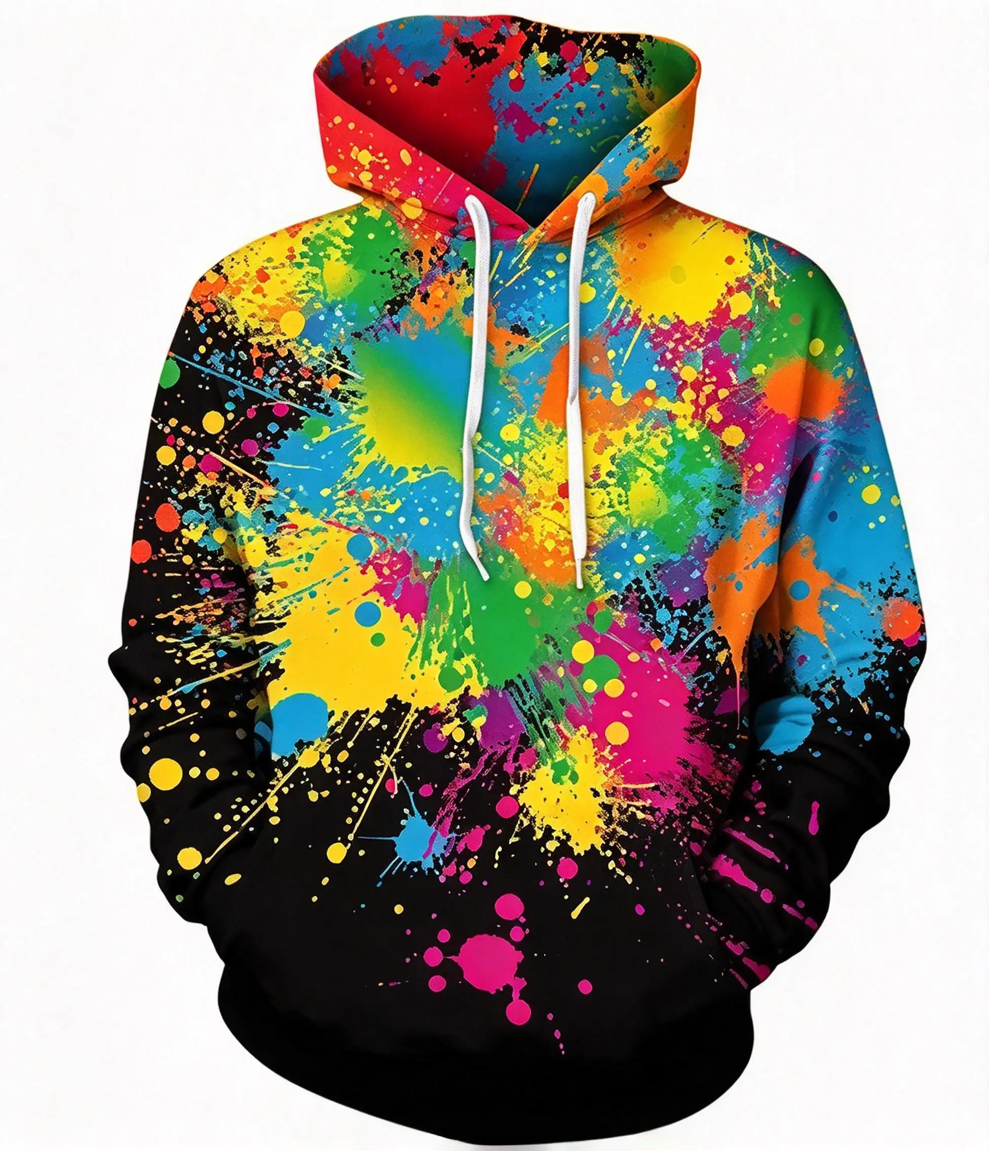 Men Fleece Lined Hoodie Black Colorful Paint Splash Print Drawstring Pocket Winter Pullover Sweatshirt