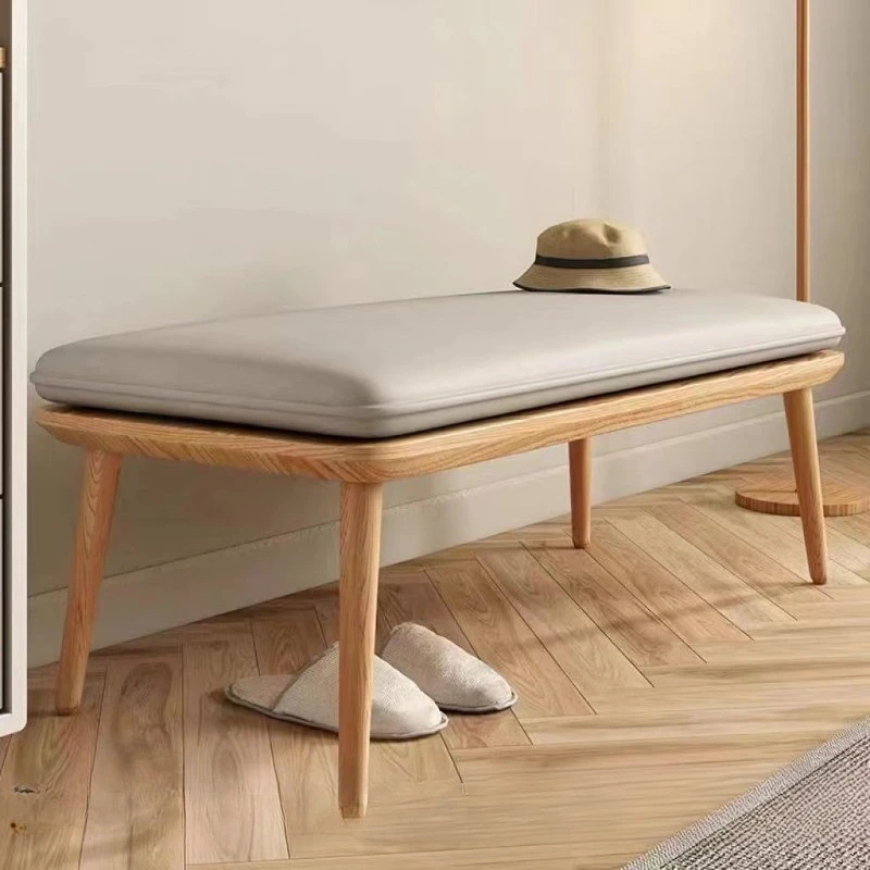 

Nordic style solid wood bench rubber wood frame high comfort shoe changing stool soft bag dining chairs