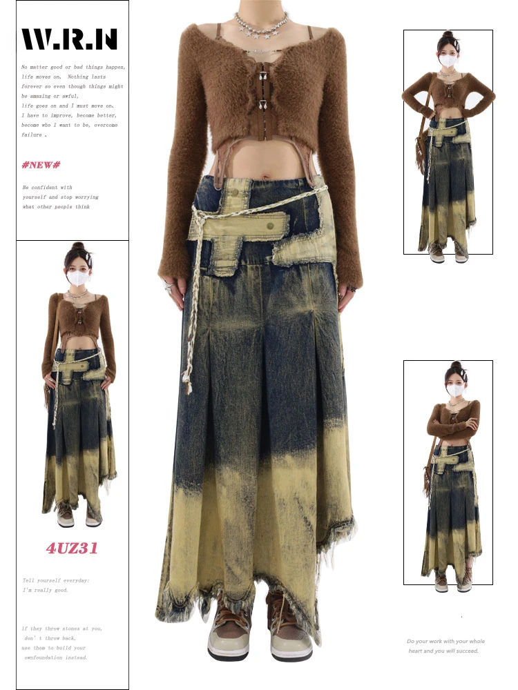 

2024 Summer Women Vintage Baggy Washed Streetwear Denim Skirt Grunge 2000S High Waist Y2K High Street Tassels Lady Retro Skirt