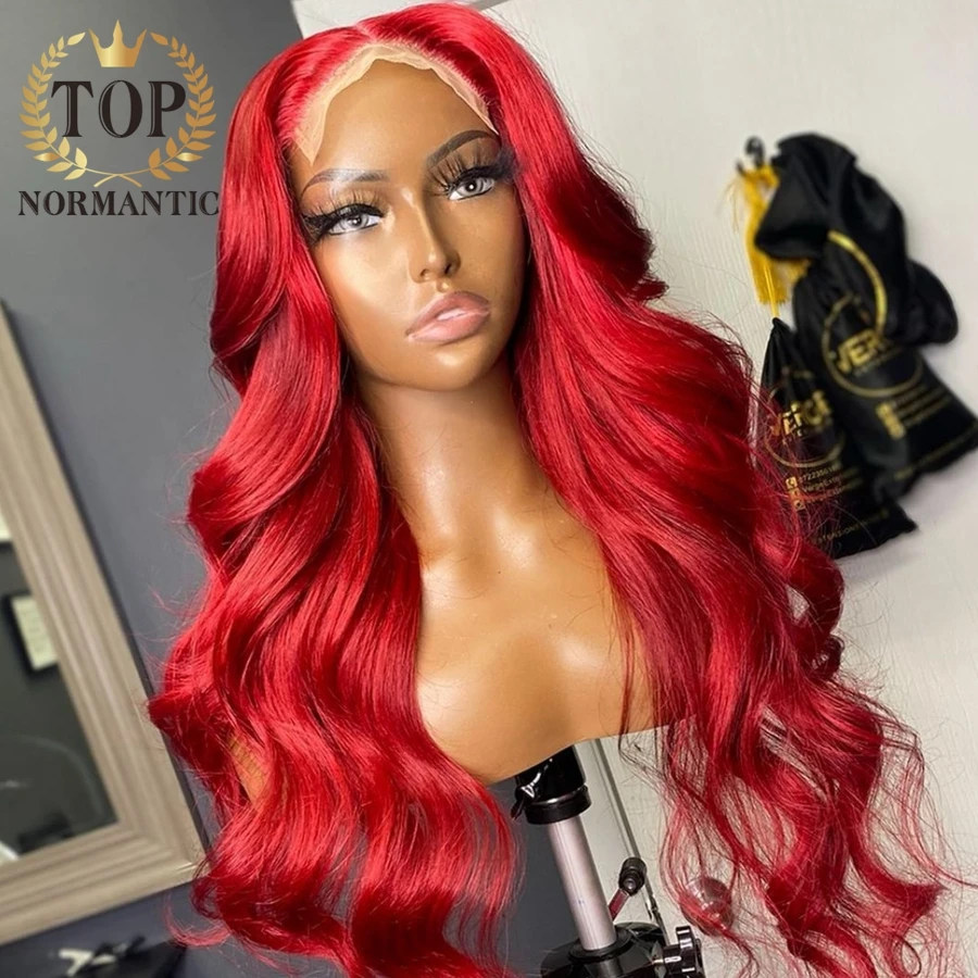 Topnormantic-peluca ondulada de Color rojo para mujer, postizo de encaje frontal 13x6, pelo humano indio Remy con pelo de bebé